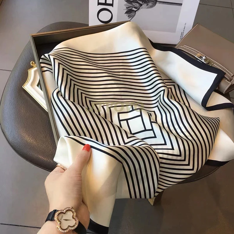 New lady Girl 70*70cm Silk Satin Hair Scarf Women Handkerchief stripe Printed Female Square Head Bandana Small Neck Muffler Hija