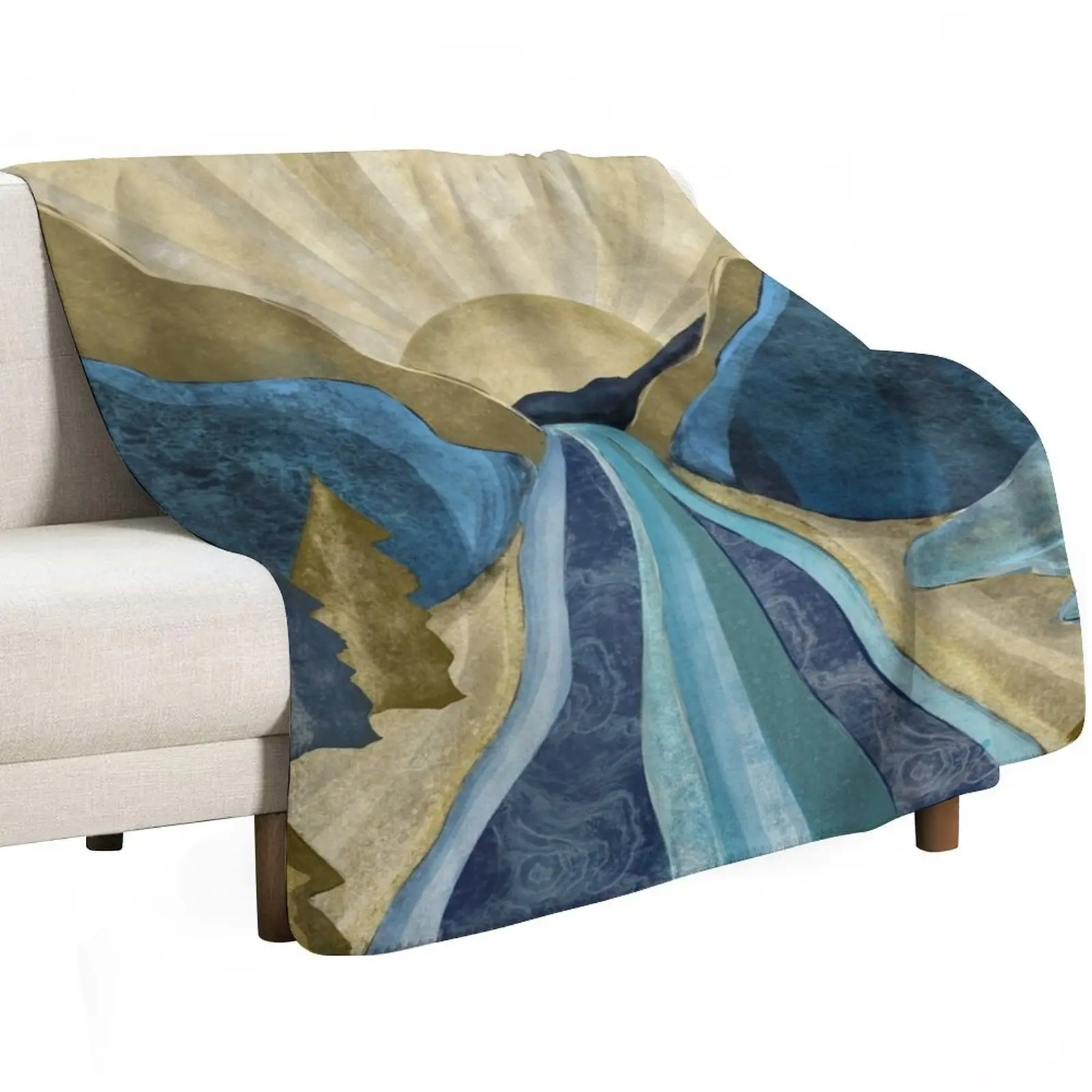 Blue gold mountain river sunrise Throw Blanket Multi Purpose Soft Warm Blanket for Home Travel