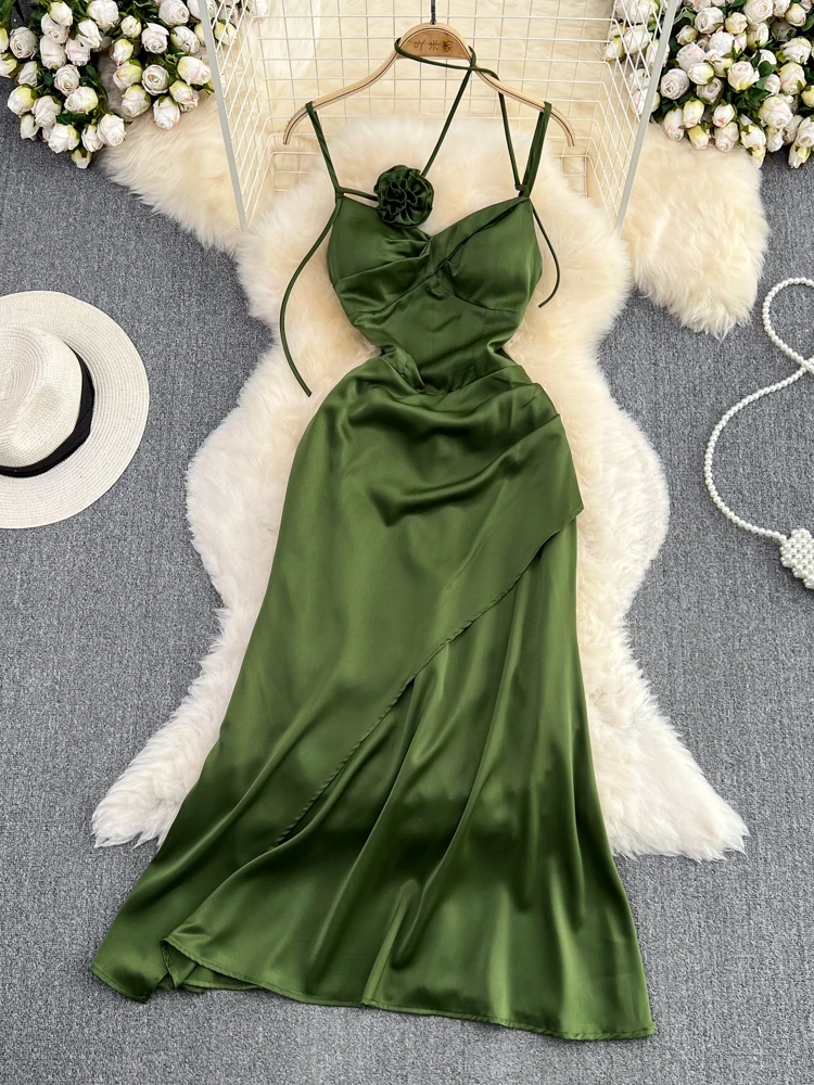 slim fit dress slacks Emerald Green Strappy Back Sexy Slit Simple A-Line Satin Dress