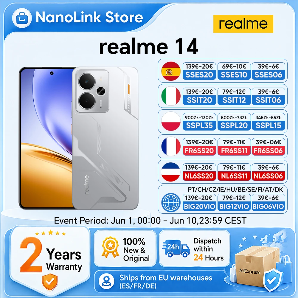 Smartphone realme 14 5G Snapdragon 6 gen 4 Écran AMOLED 6,67'' 120Hz Batterie Titan 6000mAh 45W Caméra 50MP OIS Version EU