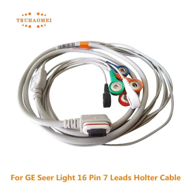 Holter Cable For GE Seer Light Holter Recorder 16 Pin 2008594-001 or 2008594-002 ECG 5 Leads 7 Leadwires Snap 2 or 3 Channels