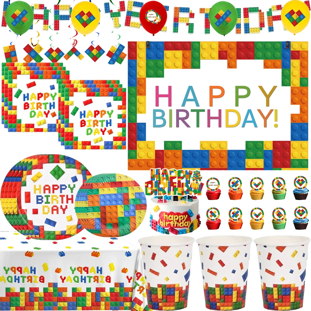 Bunte Baustein-Geburtstagsparty-Dekorationen Ballons Tischgeschirr-Set für Babyparty Baustein-Party-Geschenke Kindergeschenke