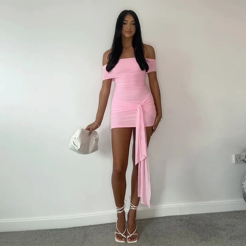 مثير قبالة الكتف Bodycon فستان قصير امرأة أنيقة ليلة نادي حفلة غمد سليم Ruched الشريط حفلة فساتين قصيرة عيد الميلاد