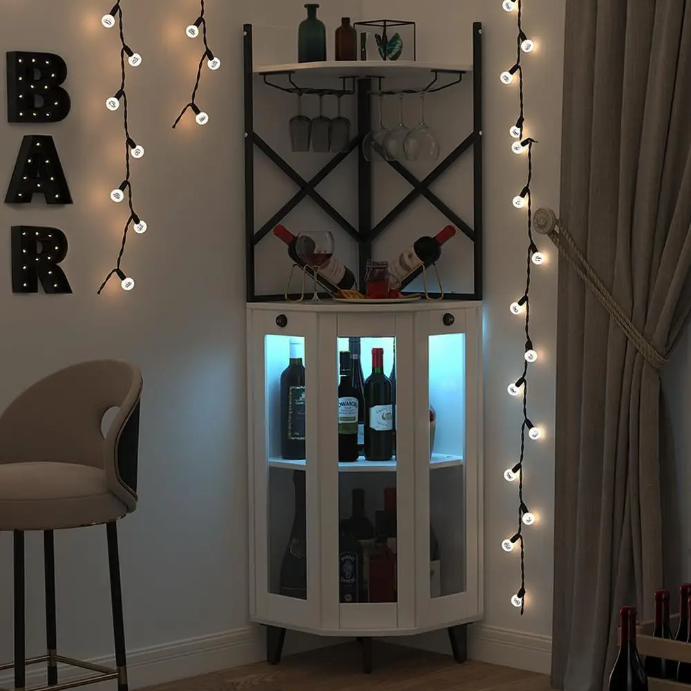 

Corner Wine Cabinet with Lockable Glass Door & LED Light, 4-Tier Liquor Bar Unit, Modern Farmhouse Home Bar for Kitchen/Dining