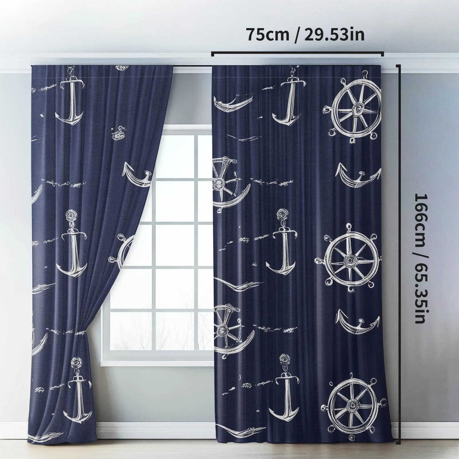 Nautical Theme Navy Blue Curtains with Anchor and Ship Wheel Pattern for Coastal Bedroom Decor
