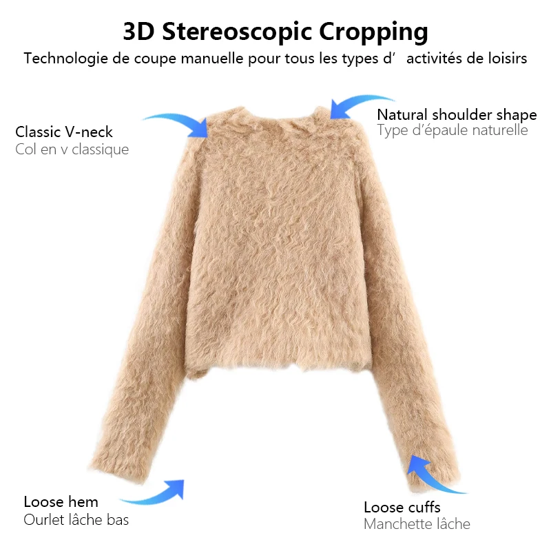 Woman Clothes Plush V Neck Cardigan For Women Single Row Black Buttons Short Length Soft And Casual Long Sleeve Top For Work