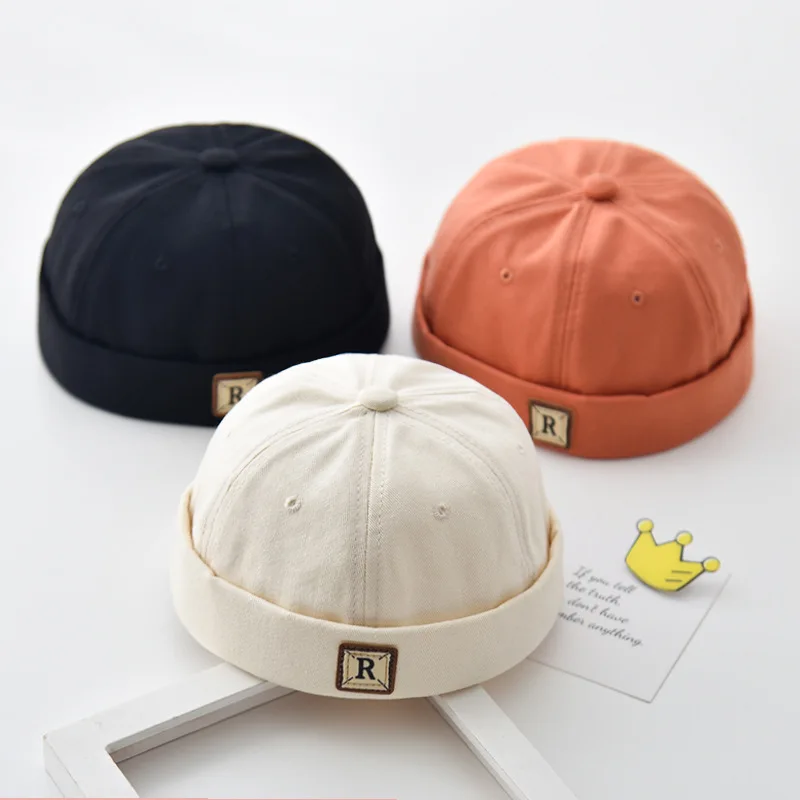 Children Boys Girls R Letter Melon Cap Vintage Baby Brimless Hat Spring Autumn Kids Toddler Cotton Docker Caps