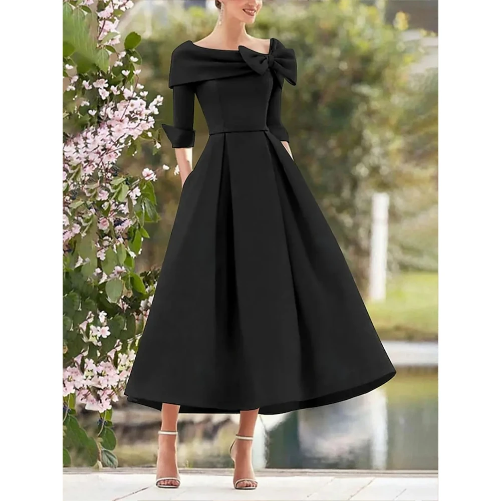 

Black Elegant Satin Evening Dress A-Line Tea Length Wedding Guest Dress Off Shoulder Bow Half Sleeves Party Gonws Customized