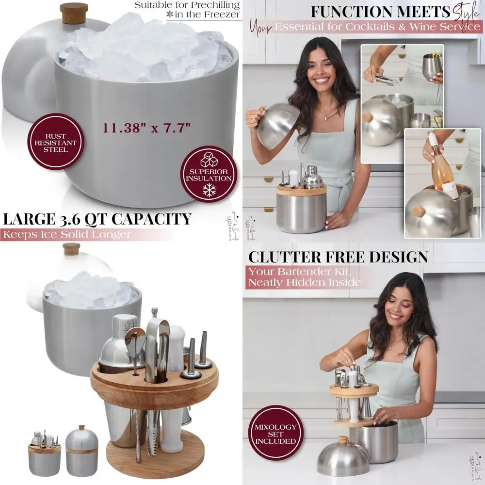 

Stainless Steel Ice Bucket Cocktail Kit: Complete Mixology Tools with Wooden Stand, Shaker, Jigger, Muddler, Spoon, Tongs, Poure