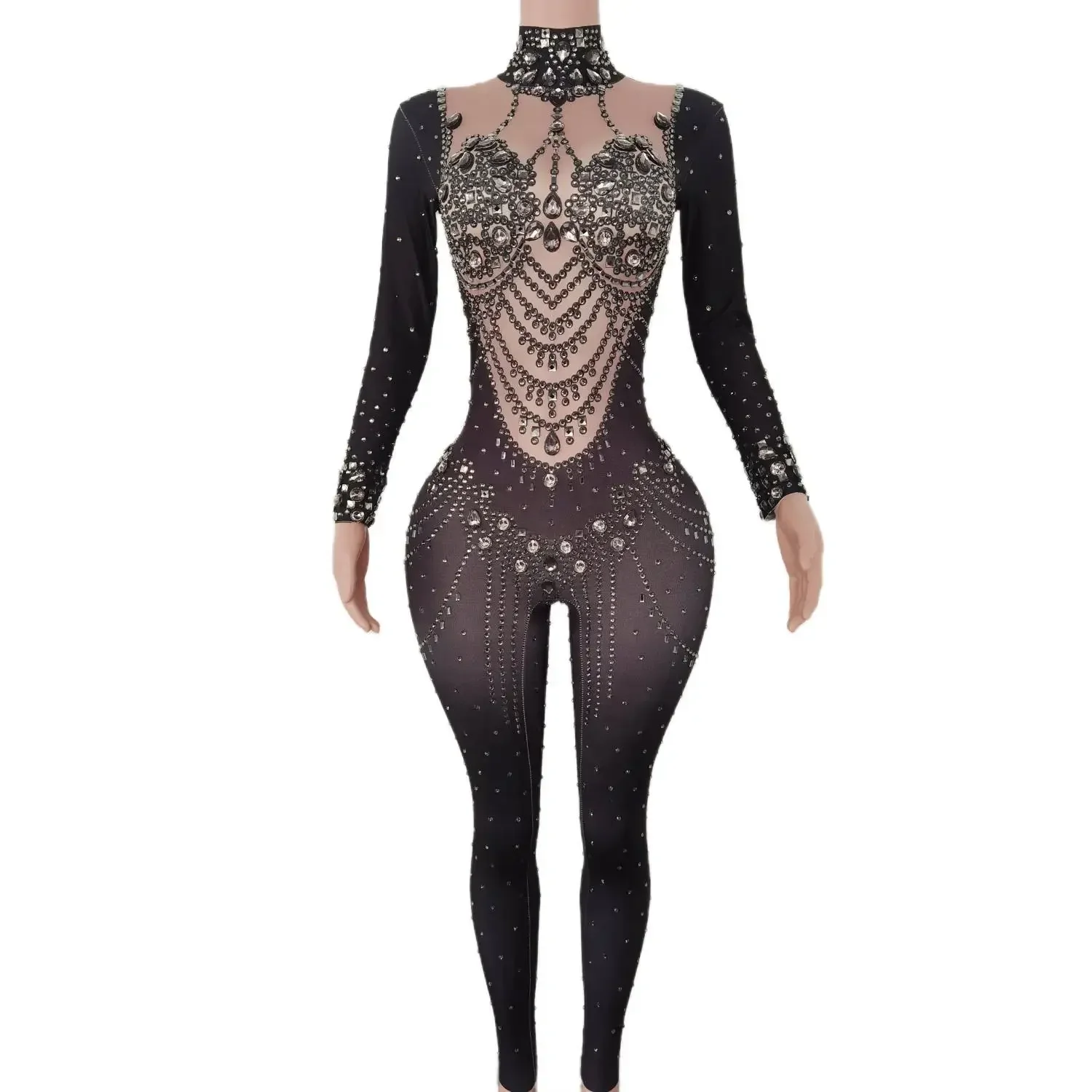 Nightclub Ds Body da ballo Cristalli da festa Body Cristalli lucidi Maniche lunghe Aderente Tute da donna Showgirl Stage Wear