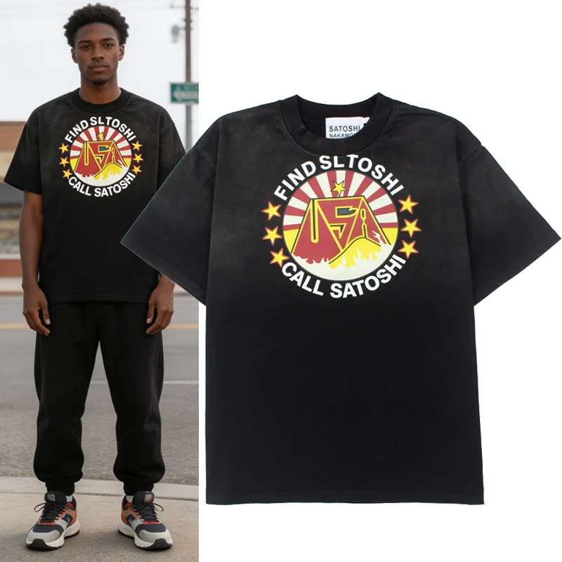 Satoshi Nakamoto American-style round emblem printed washed and distressed short-sleeved T-shirt for men and women