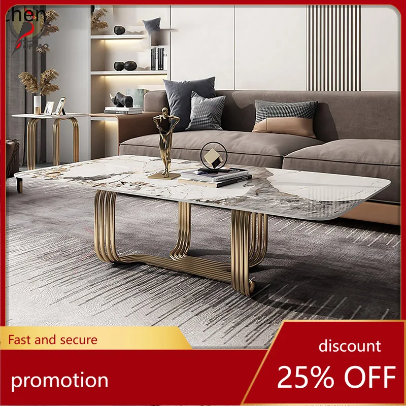 

YFY Minimalist Rock Slab Coffee Table Small Apartment Living Room Light Luxury Stainless Steel Modern Wabi-Sabi Style