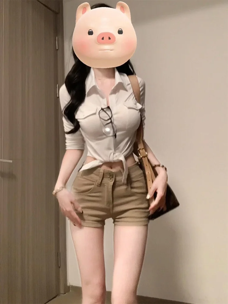 

Sexy Slim Fit Neck Sun Protection Shirt Women's Spring White Collar Top Pure Desire Style Short Length Button Closure