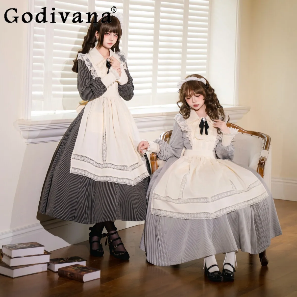 

New Court Style Lolita Vintage Classic Long-sleeved Dress Apron Set Spring Women's Clothing Y2k Slimming High-waisted Dresses