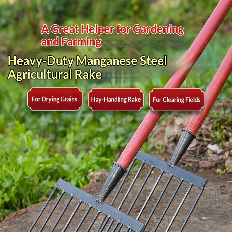 Traditional Hand-Forged Steel Lawn Rake Multi-Functional Soil Loosening And Grass Turning Tool for Garden Care