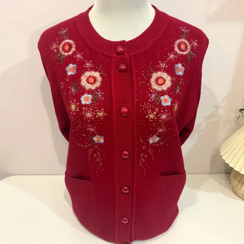 

2025 Ladies Large Size 4XL Sweater Jacket Middle Aged Mother Long Sleeves Embroidery Knit Winter Female Round Neck Knitted Coat