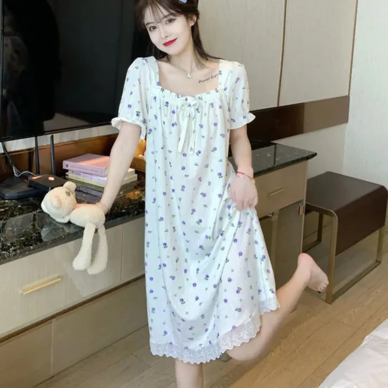 Summer Nightgowns Women Short Sleeve Nightdress Sleepshirt Floral Breathable Pajamas for Womens Home Clothes Sleepwear Plus Size