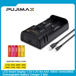 PUJIMAX 2slots Li-ion/Lithium Battery Charger with LED Smart Indicator USB Cable For 18650 14400 26650 1.2V AA/AAA NiMH Chargers