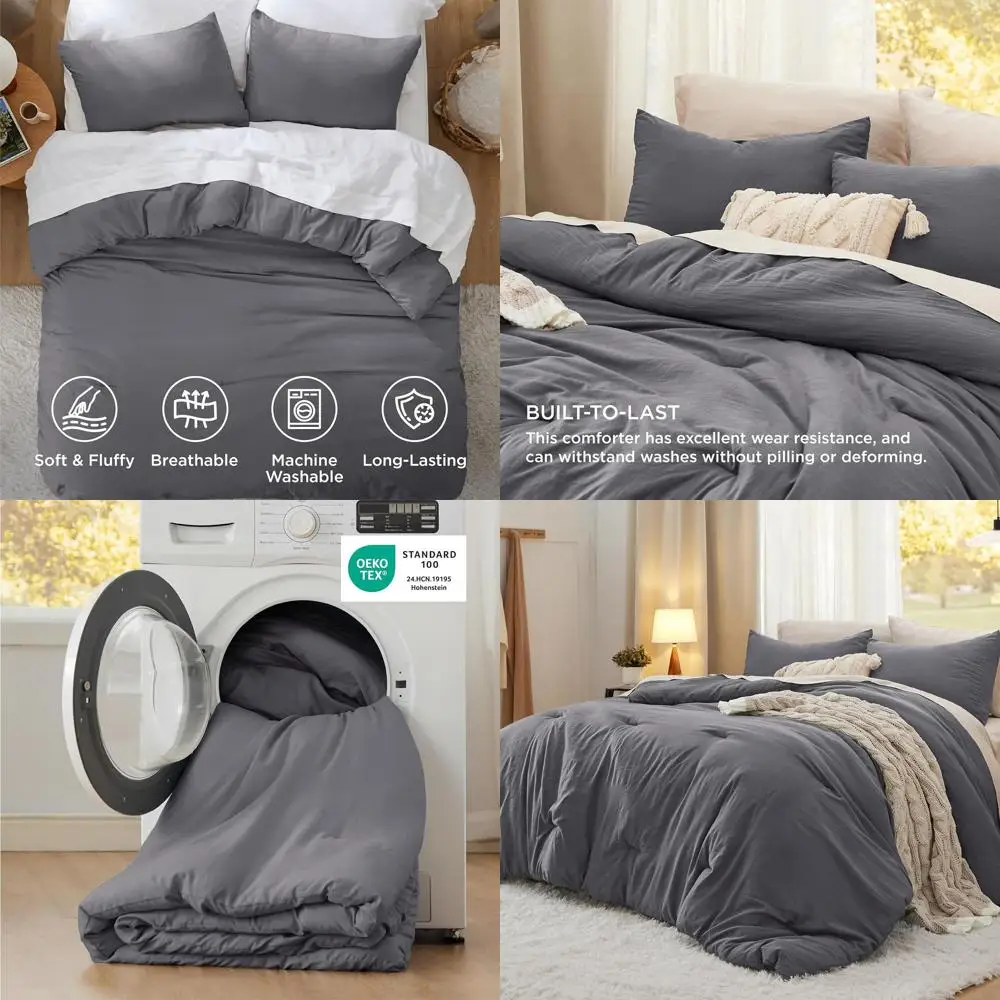 

Oversized Queen Comforter Set - Grey Stone Washed Bedding for All Seasons, 3-Piece Set with Lightweight Comforter and Pillowcase
