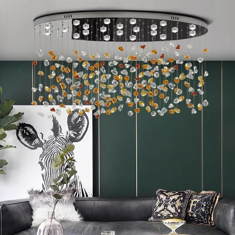Modern luxury elliptical chandelier kitchen black stone hanging lamp oval design dining room color crystal led light fixture