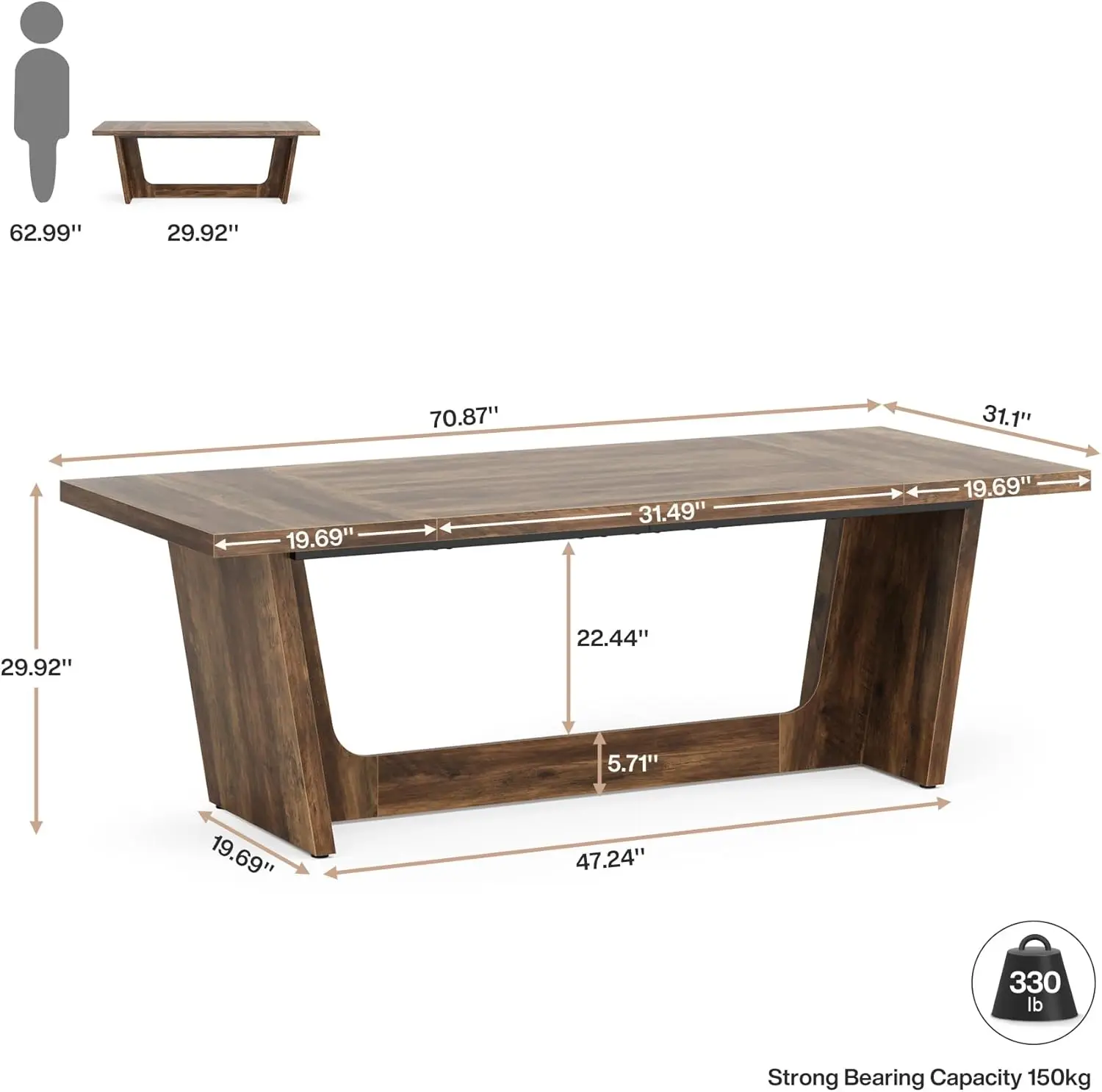 70.87 Inch Executive Computer Desk: Large Home Office Desk with Solid Wooden Pedestal Industrial Wood Study Writing Table