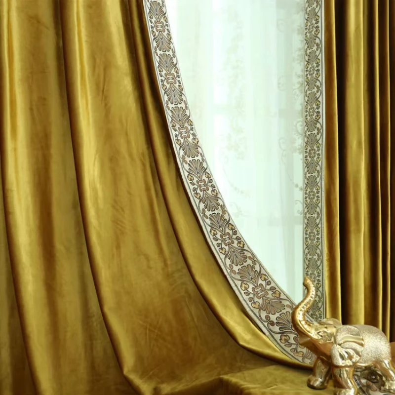 Retro Hot Gold Court Style Living Room Velvet Curtain Flowing Velvet Curtain High Weight Luxurious High-end Soft Window Curtains