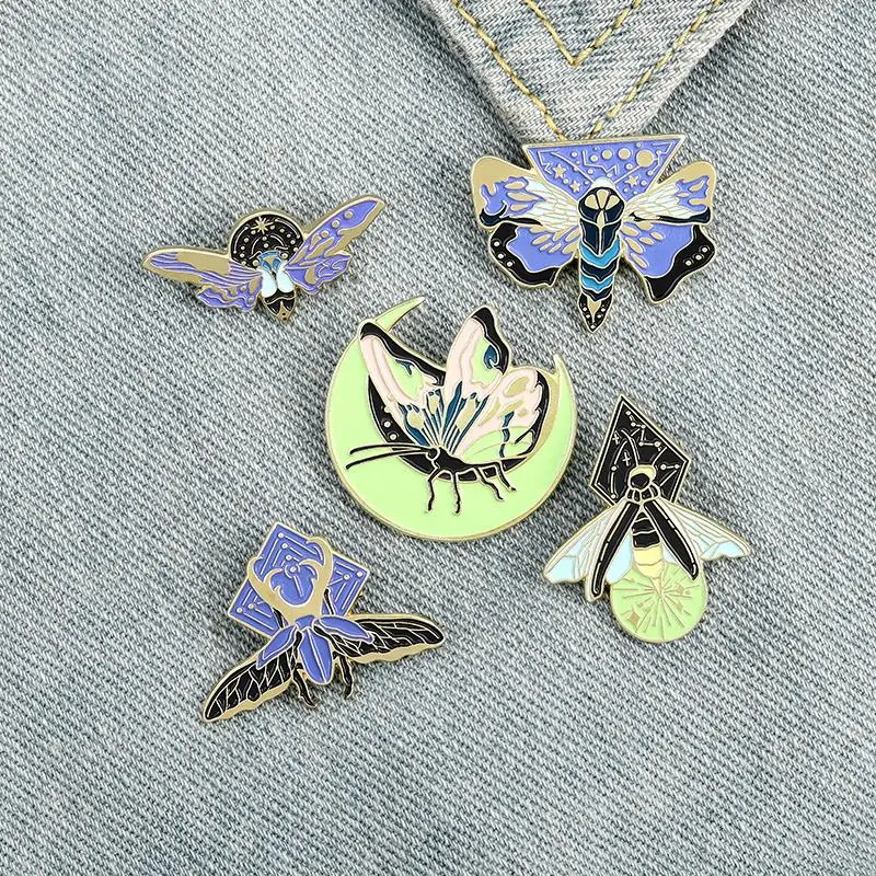 5Styles Luminous Enamel Pin Custom Moth Butterfly Moon Brooches Bag Lapel Pin Cartoon Animal Badge Jewelry Gift for Kids Friends