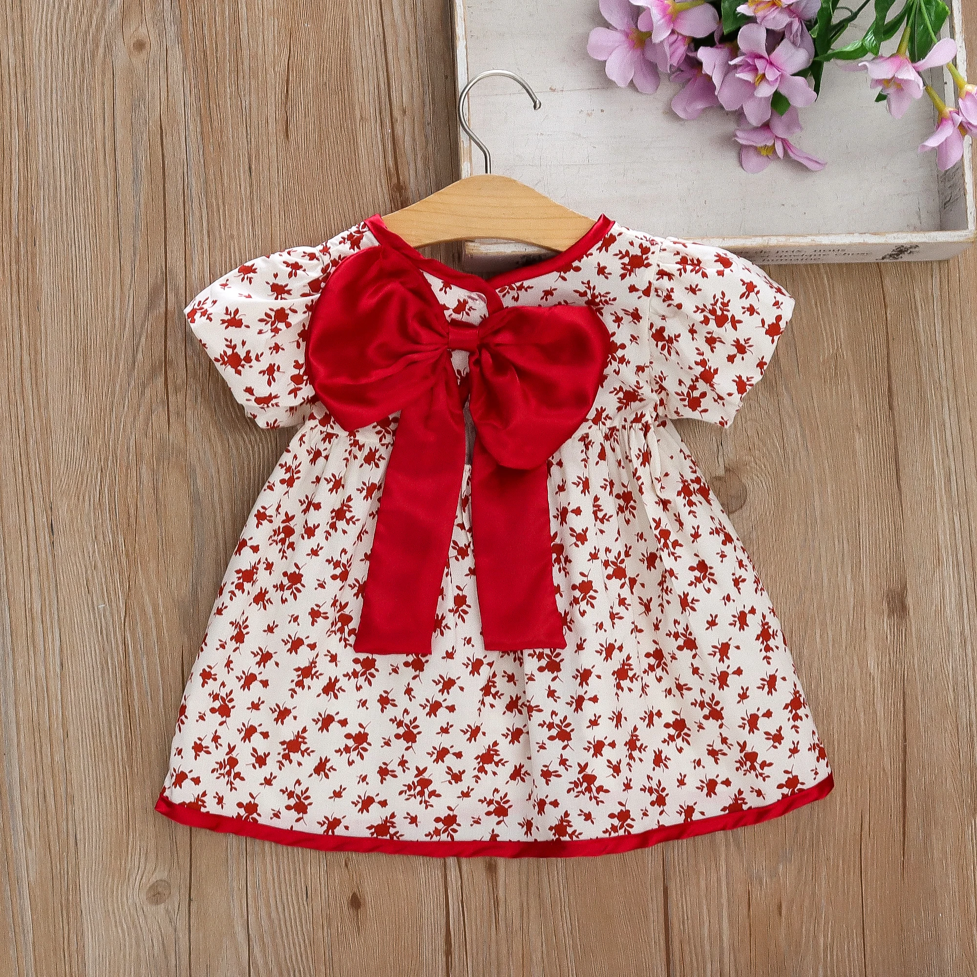Summer Baby Clothes for Girl Fashion Big Bow Floral Puff Sleeved Casual Toddler Dress Cotton Soft Comfortable Kids Dress