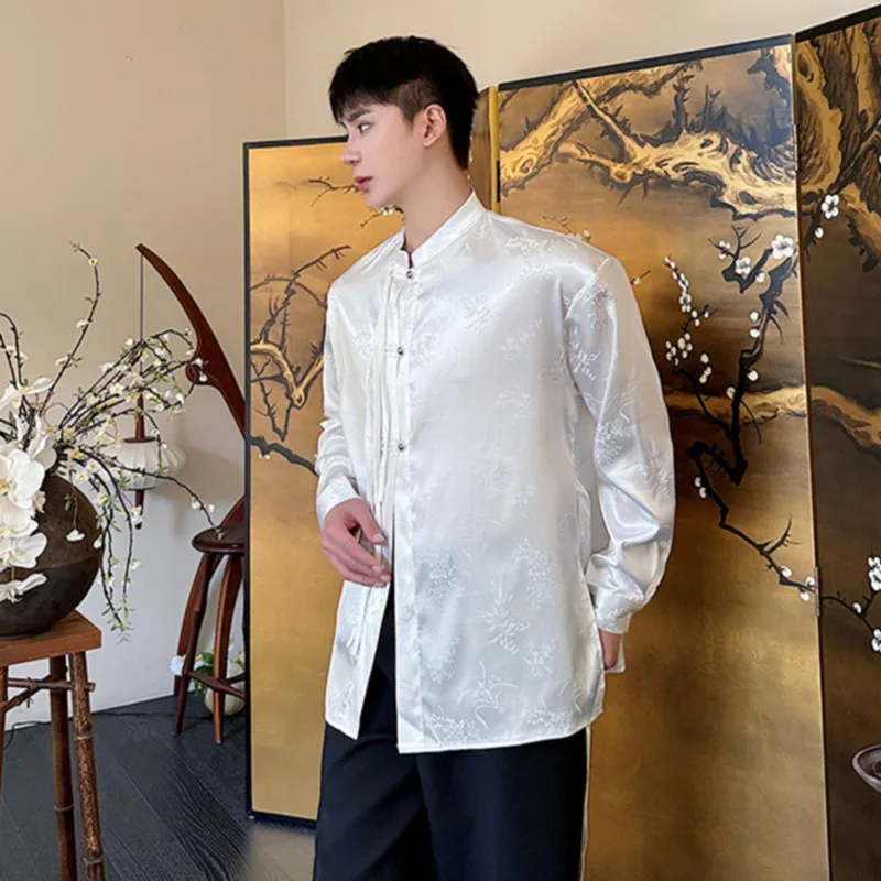 Syuhgfa Nieuw Design Chinese Stijl Jacquard Opstaande Kraag Heren Shirt 2024 Lente Veelzijdige Shirts Heren Lange Mouw Mannelijke Top Trend