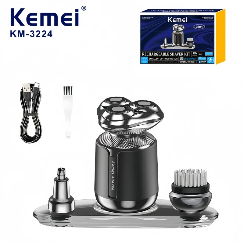 

Kemei KM-3224 Водонепроницаемая электробритва 3-в-1 — триммер для волос на лице, машинка для стрижки волос в носу, очищающая щетка, портативная для путешествий