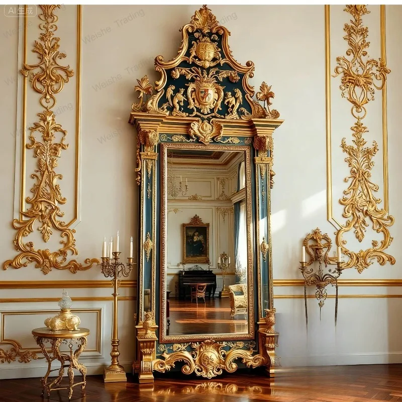 French European classical full-length mirror floor-to-ceiling  fitting solid wood entrance aisle decorative grooming mirror