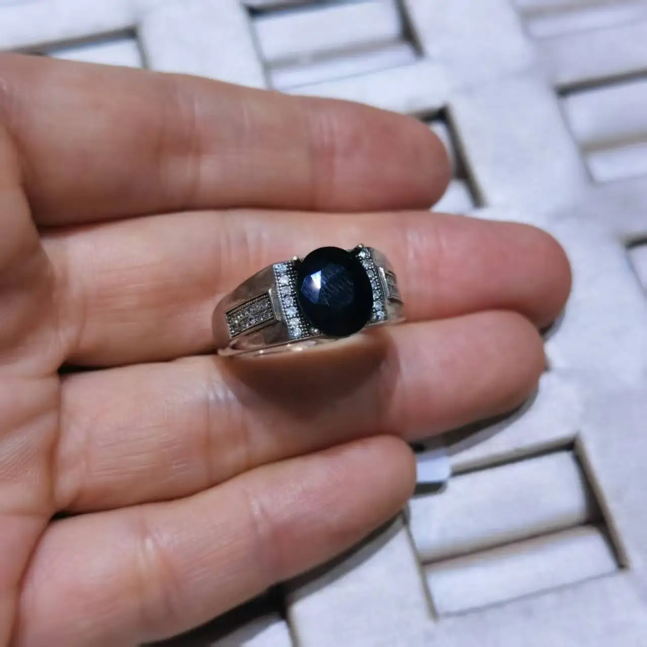 

925 Silver Black Sapphire Ring for Men 8mm*10mm 3ct Natural Sapphire Ring with 3 Layers 18K Gold Plated Men Jewelry Keep Shining