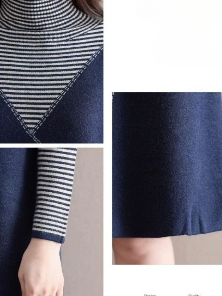 فستان نسائي للخريف والشتاء سترة محبوكة متوسطة الطول مكونة من قطعتين تنورة فضفاضة من الداخل مع تنورة محبوكة من الأسفل #6