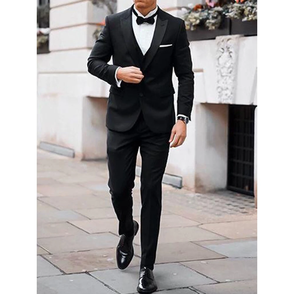 Black Wedding Tuxedos Peaked Lapel Slim Fit Two Button Groom Wear Formal Prom Men Suit 3Pcs Terno Masculino(Jacket+Pants+Vest)