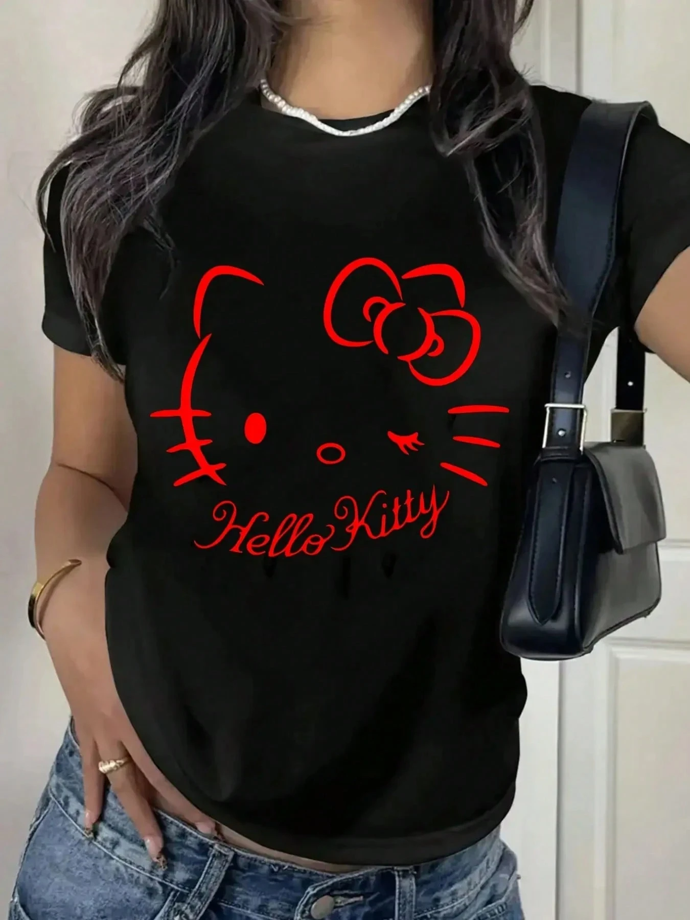 

Женская футболка с рисунком Sanrio Hello Kitty, хлопковая классическая футболка с короткими рукавами, унисекс, уличная одежда, свободная, повседневная, стильная, свободного кроя
