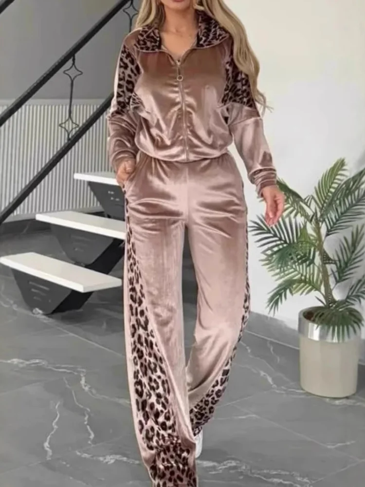

Three Sisters New Arrivals Spring Autumn Fashion Sports Casual Woman Clothes Leopard Velvet Long Sleeved Two-piece Set Pantsuits