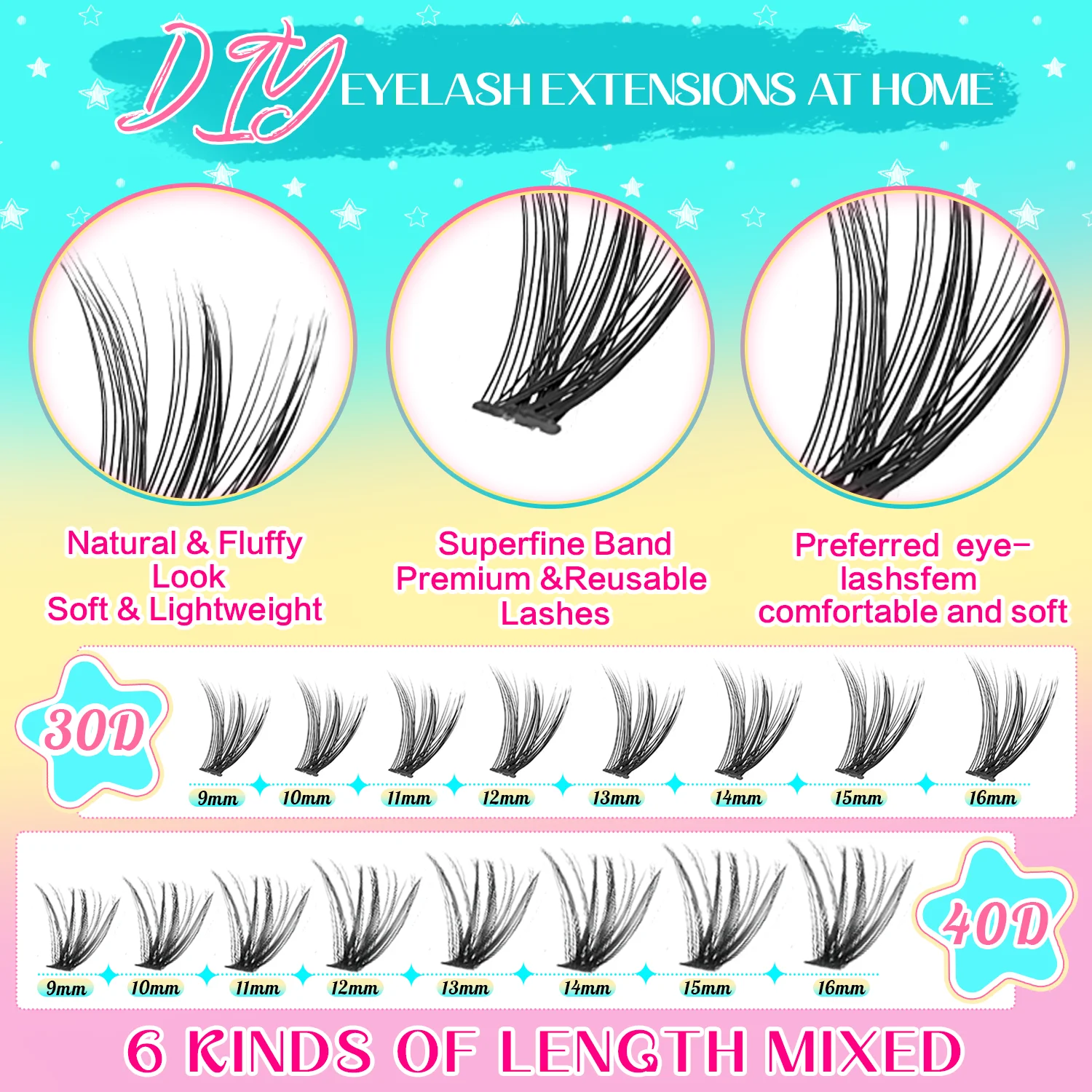 Kit de cílios finos e macios de penas em cluster 320/790 – glamour diário sem esforço com mistura de comprimento curvado! Extensões naturais ultDelicadas