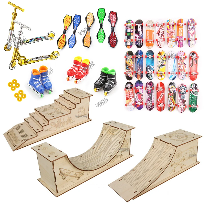 Wooden Finger Skateboarding Platform Set with Fingerboard Roller Skating Handcart Unassemble Profession Wooden Skatepark Kit Toy