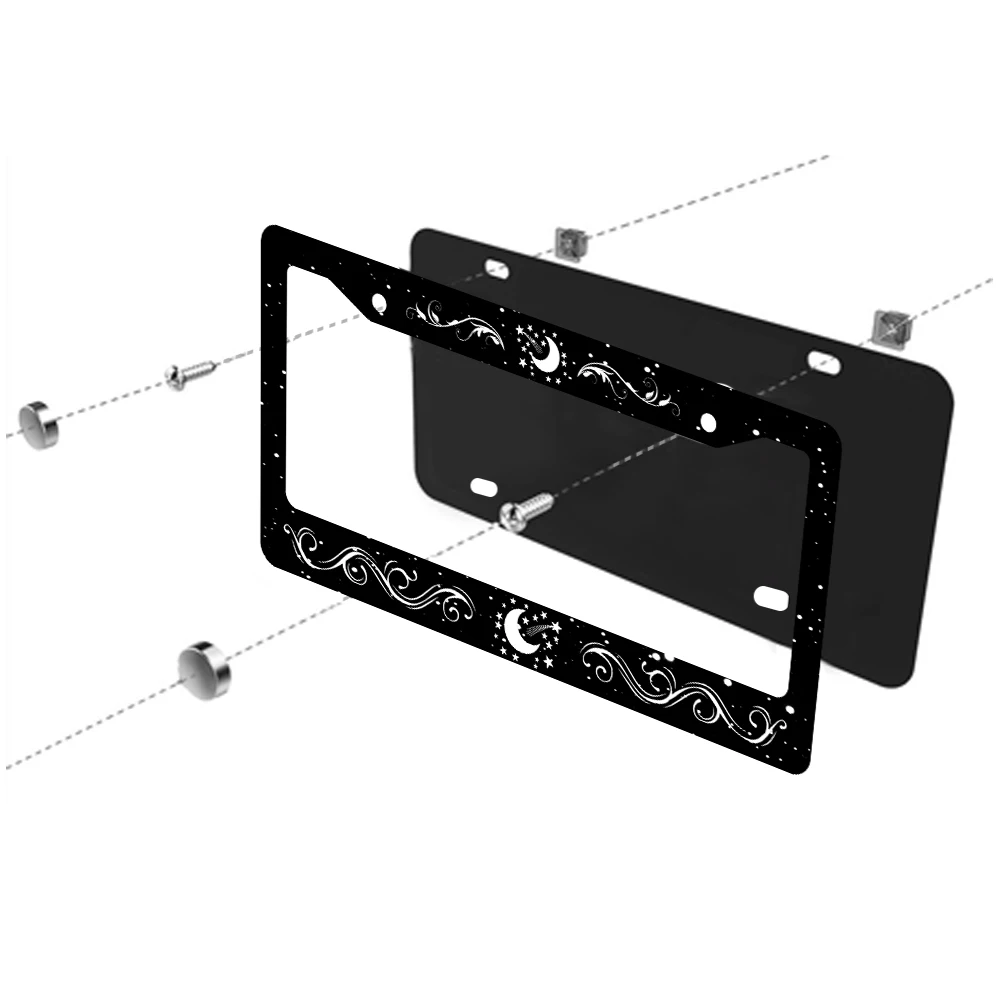 إطار لوحة ترخيص أسود بفتحتين مع نمط نجمة القمر، مادة ألومنيوم، 6 × 12 بوصة، يتضمن مجموعة براغي لتزيين السيارة #4