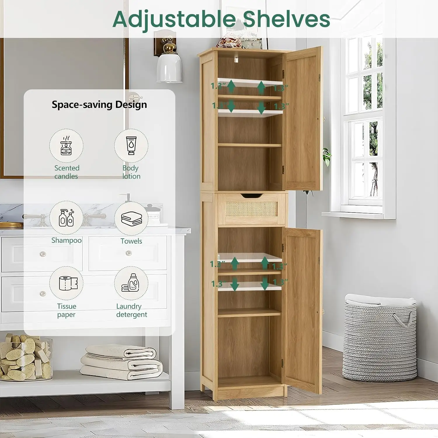 Tall Narrow Storage Cabinet With Doors, Handwoven Rattan Bathroom Cabinet With Adjustable Shelves, Freestanding Linen Storage Organizer Tower For Living Room Entryway Kitchen, Natural Wood Tone view 4