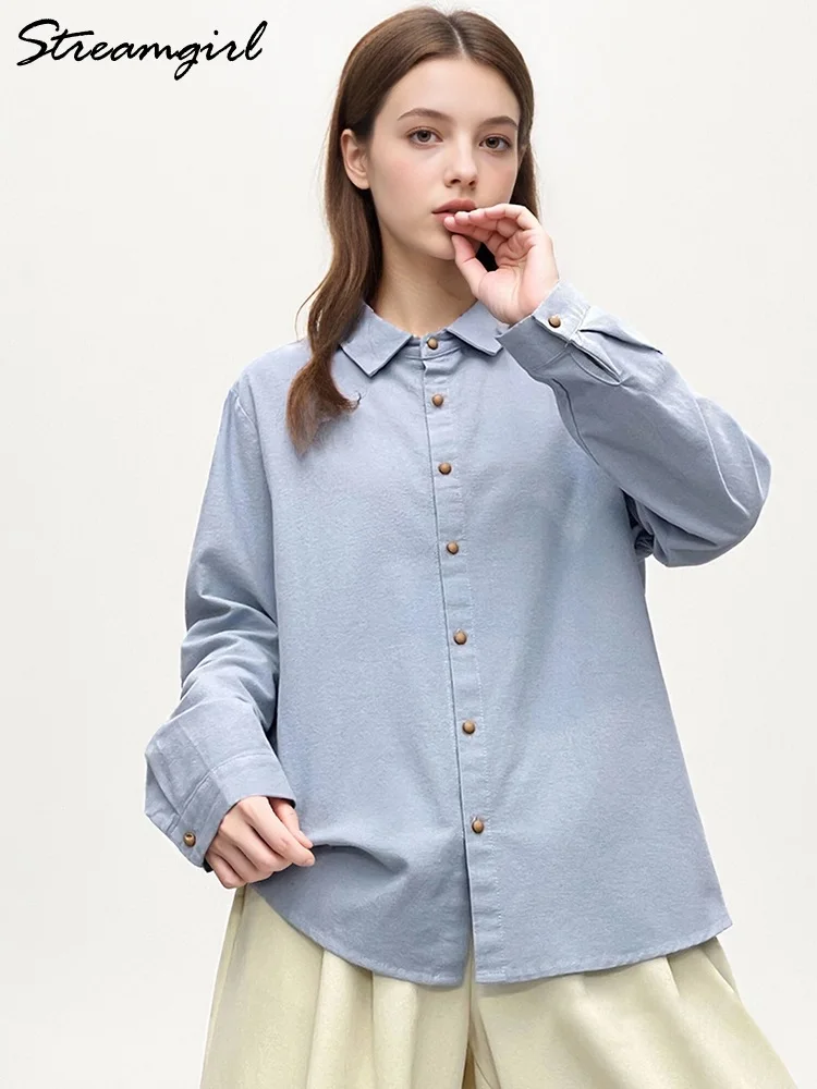 

Women Cotton Shirts 100% Loose Light Yellow Blouse Woman Vintage Tops Winter Spring White Shirts For Women Basic Blue Tops