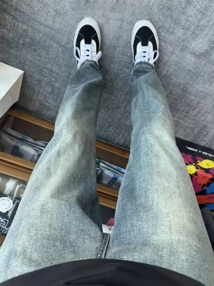 

Retro Blue Men's Extended Length Straight Leg Jeans American High Street CleanFit Knife Tapered Leg Denim Pants