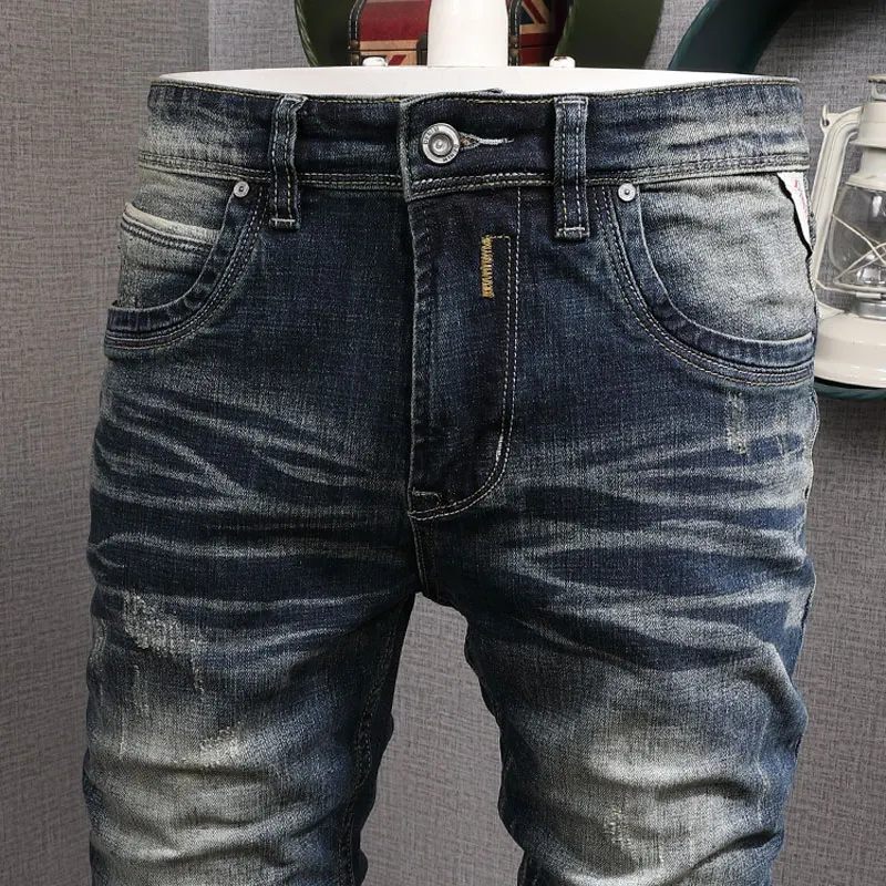 Fashion Trendy Men Jeans Retro Dark Blue Elastic Stretch Slim Fit Ripped Jeans Men Designer Trousers Vintage Denim Pants Hombre