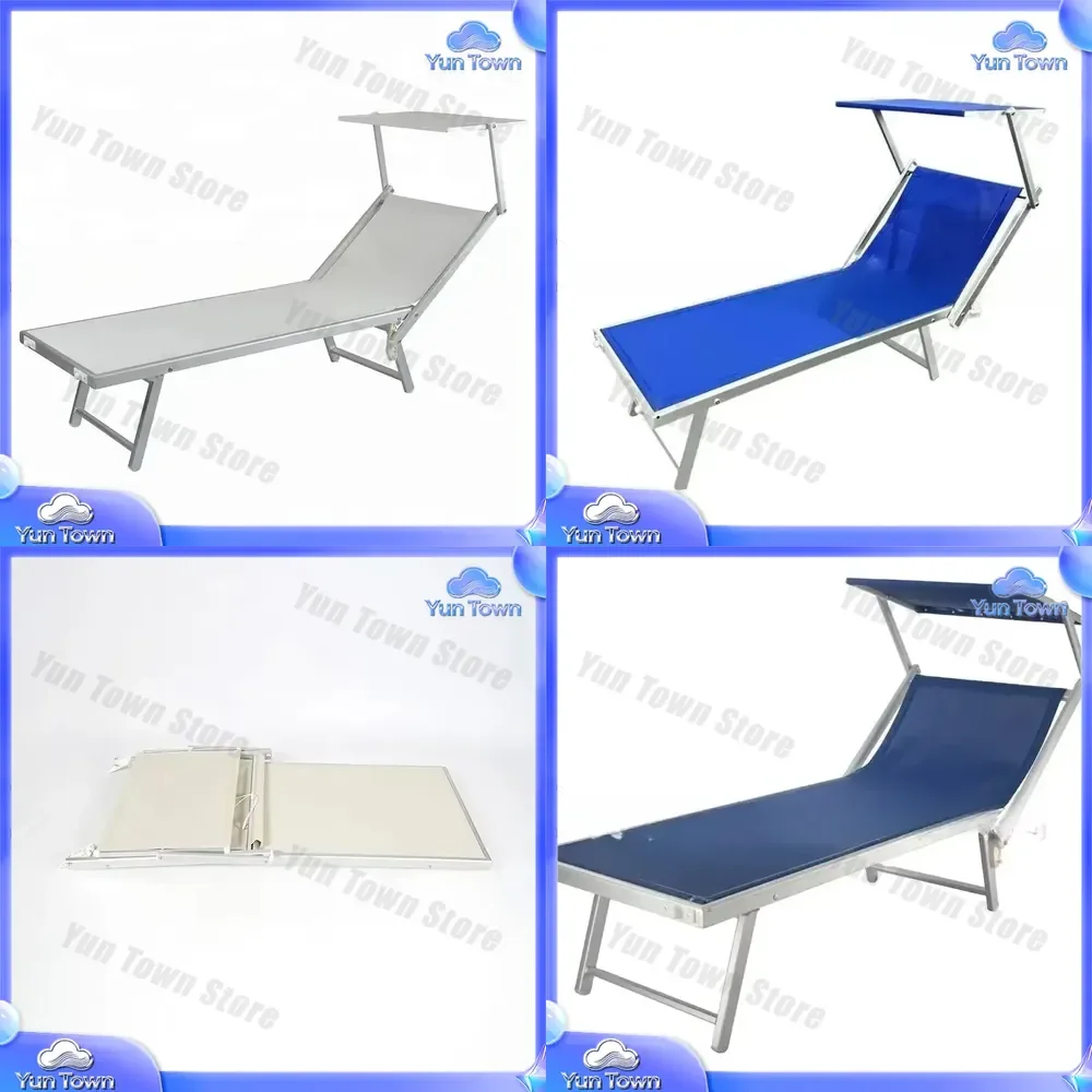 Outdoor Single Aluminum Tube Chair for Sun Beach Awning Adjustable Back Rest Sunshade Canopy Garden Folding Bed