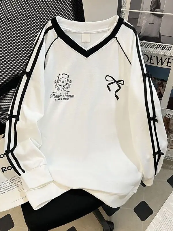 

plus Size V-Ne Long Sve Knot Splice Sweatirt Women's Faion Autumn Top Loose Fit Printed Decorative oulde...