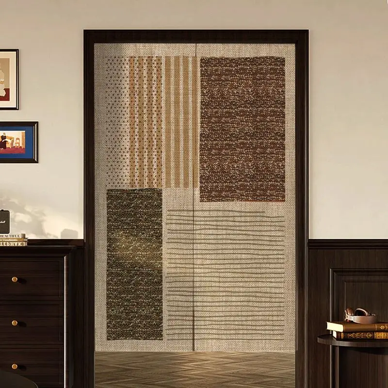 VIKAMA Wabi Sabi Brown Geometric Patchwork Door Curtain Beige Texture Block Dot Line Grid Abstract Nordic Minimalist Linen Noren