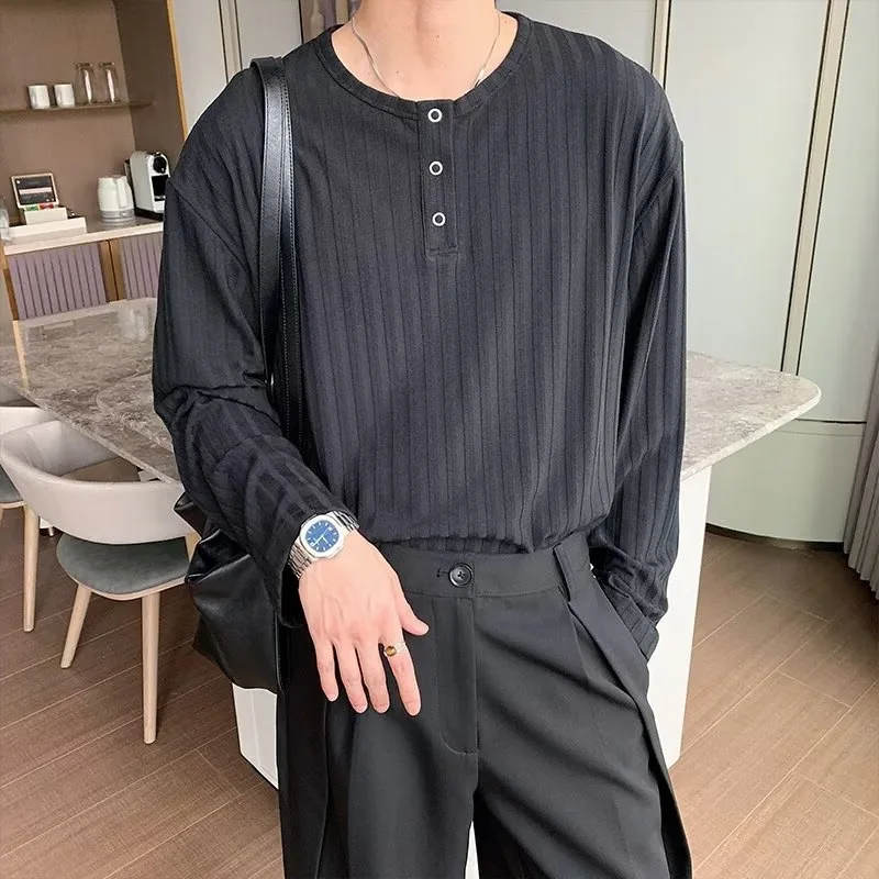 2025 Spring Autumn New Men Henley Long Sleeve T Shirt Solid Color Inner Layer Top Elegant Design Fashion Loose Versatile