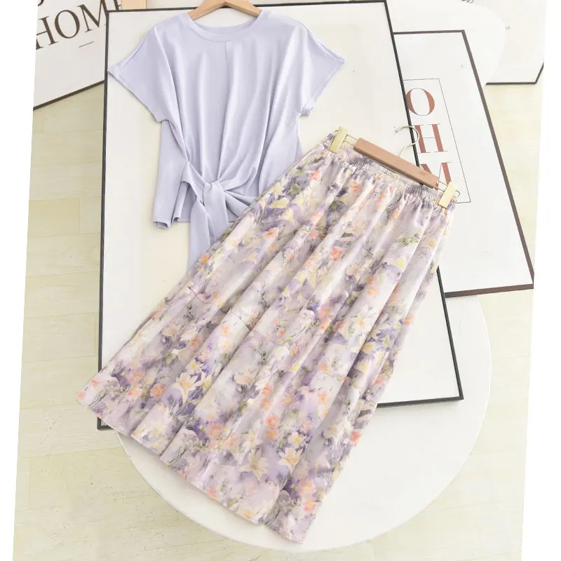 

Ele ort Sve T-irt And Floral ter Skirt Set High Waist Asymmetrical Knot Design Summer Faion Women's Ensemble