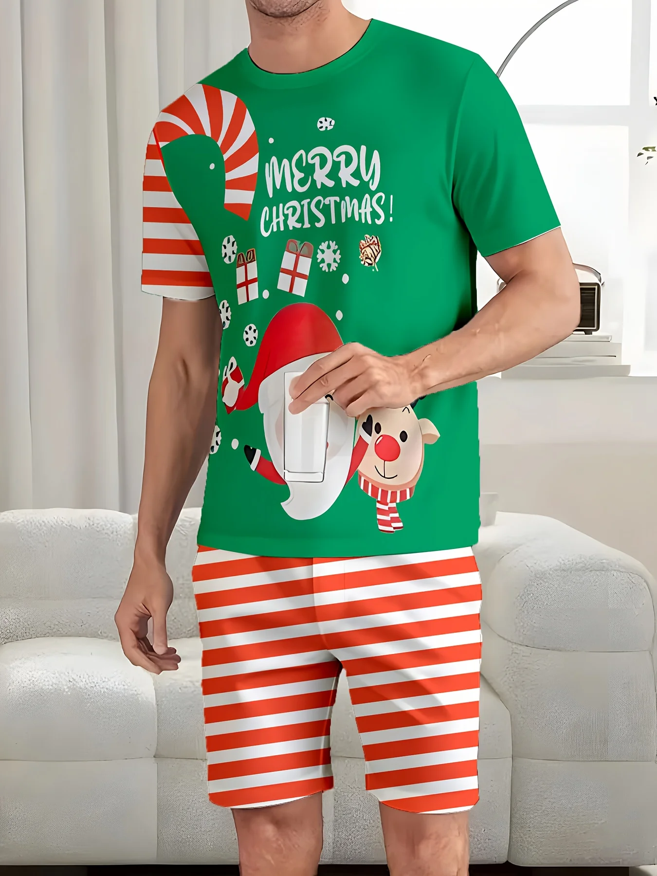 Traje de Navidad para hombre, conjunto de manga de brazo de azúcar de caña, pantalones cortos a rayas verdes y rojas, sombrero de Papá Noel, diseño de Gnomo, ropa para hombre Y2k