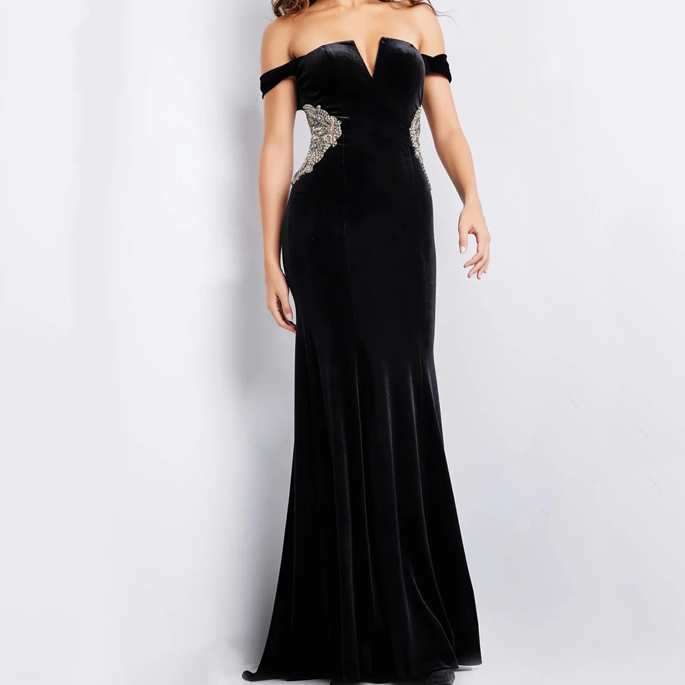 

Customized Mermaid Evening Dresses Floor-length Off The Shoulder Sleeveless Prom Gown Fashion Crystal Simple Draped Party Gown